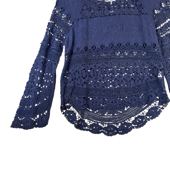 Deletta S (Anthropologie) Blue Crochet Long Sleeve Blouse Hi/Low Hem - Picture 6 of 13
